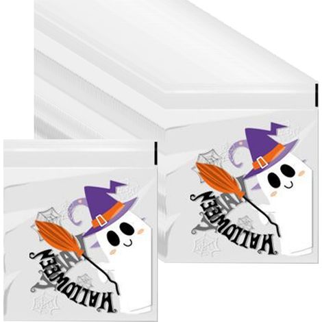 100 sachets à bonbons d'Halloween, sachets à biscuits transparents autocollants, pour fournitures de fête, sachets à sandwich (1/5)