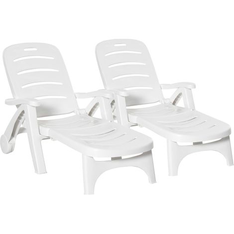 Outdoor Folding Sun Lounger Recliner on Wheels w/ 5-Position Backrest, White (1/5)