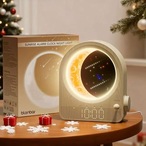 Mondlampe mit Lichtwecker, Nachttischlampe mit 3 Helligkeitsstufen, Aufwachlampe mit Tageslichtwecker, 10 Naturgeräusche für Schlafzimmerambiente [Energieklasse F]