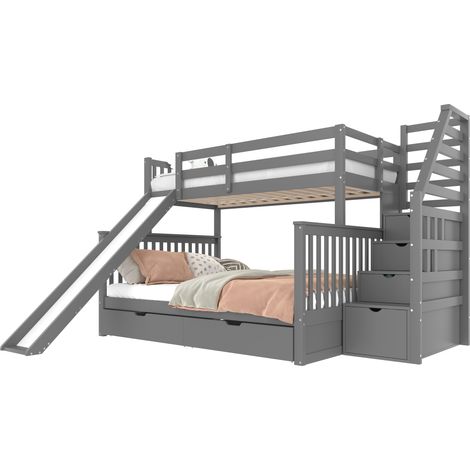 =(WX000308AAE-1) Lit superposé, 90 x 200 sur 140 x 200, avec tiroirs, espace de rangement et toboggan, multifonctionnel, gris