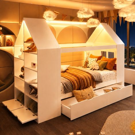 Letto bambino 90x200 a forma di casa con LED, contenitori e 2 cassetti, bianco HAVRYA (1/5)