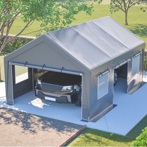 Carport avec portes enroulables et moustiquaires, structure en metal gris, abri exterieur pratique (1/5)