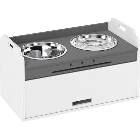 Gamelle surélevée pour chien avec compartiment de rangement, 2 gamelles avec anneaux antidérapants, 60 x 30 x 35,5 cm, blanche
