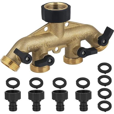 Adaptateur de robinet à 4 voies en laiton massif, répartiteur de tuyau d'arrosage avec vannes marche/arrêt individuelles, collecteur de robinet en laiton de 1,9 cm pour robinet extérieur et (1/4)