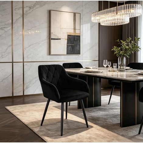 Silla de comedor con reposabrazos, tapizado de terciopelo y patas metálicas, negra, OKMYHOME (1/5)