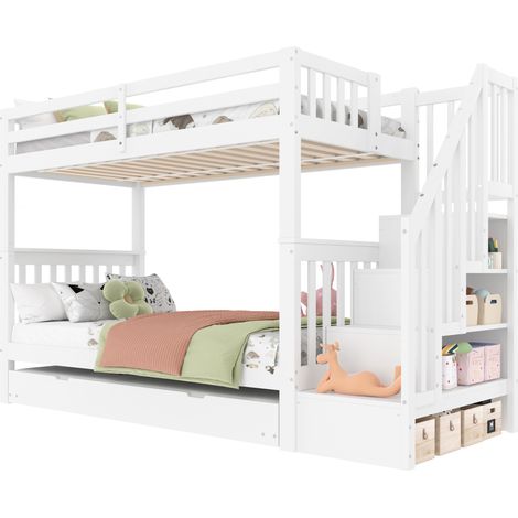 Lit superposé enfant 90x200 cm avec lit gigogne, étagère escalier, barrières hautes, blanc, bois de pin et MDF, certifié EN747-1 CHICFURN (1/5)