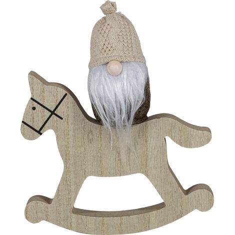 HGD Dekofigur Wichtel auf Schaukelpferd Holz 18 x 14,5 cm natur/weiß