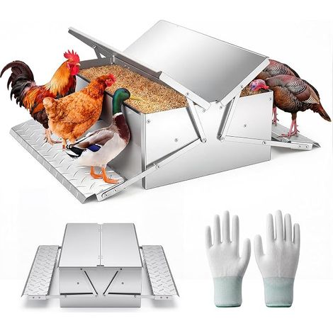 Mangeoire automatique pour poules double face avec couvercle étanche en acier inoxydable pour volailles canards oies pour extérieur écurie cour (1/5)