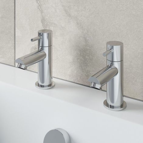 Modern Bathroom Bath Taps Hot & Cold Pair Twin Brass Round Lever Handle Chrome (1/5)