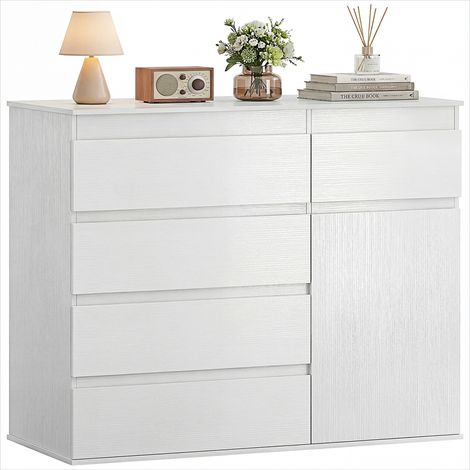 Commode 5 tiroirs et placard blanc 100x40x80 cm, panneau de particules/MDF, fermeture douce, design contemporain (1/5)