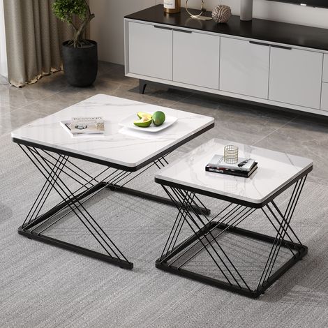 Set 2 tables basses carrées marbre brillant 60x60x45 cm et 45x45x40 cm, pieds réglables, charge 30 kg
