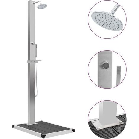 Cabine de douche extérieure, équipée d'un receveur de douche en composite bois-plastique et de matériaux en acier inoxydable. (1/5)