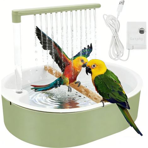 Bain d'oiseaux 32 x 26 cm pour perruches en polypropylène Vert Style frais Circulation automatique de l'eau de pluie Douche d'oiseaux avec 26 sorties d'eau pour