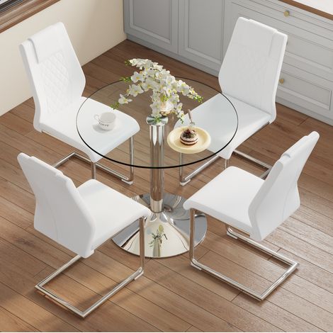 Ensemble table à manger ronde en verre trempé 85 cm avec 4 chaises blanches (1/5)