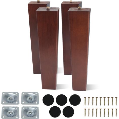 4 Pcs 20 CM Pieds de Meuble en Bois Pieds de Canapé de Rechange Piéds de Table en Bois Massif avec Plaque de Montage Vis Protecteur Antidérapant pour Lit Placard Fauteuil Couleur Noyer (1/5)