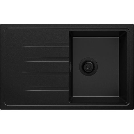 PRIMAGRAN Evier Cuisine en Granit 78x50cm, Lavabo 1 bac + Kit de Vidage, Évier à Encastrer au meuble 45cm - Milan, Tout Noir