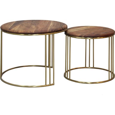 RANDY - Lot de 2 Tables Gigogne Plateau en Acacia Massif Piètement Acier Doré (1/3)