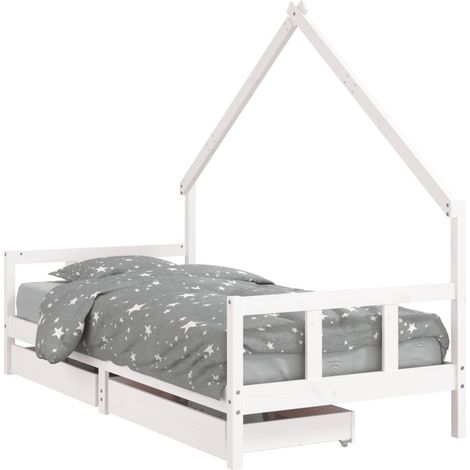 Lit simple Cadre de lit d'enfants tiroirs blanc 90x190 cm bois pin massif