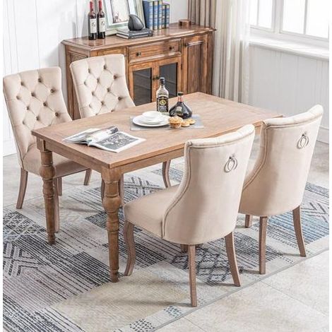 4-Fußstuhl, Stuhl Beige Samt Esszimmerstuhl,hohe Rückenlehne, mit Knopfsteppung, Gestell aus Massivholz, Beige(Set, 4 St) (1/5)