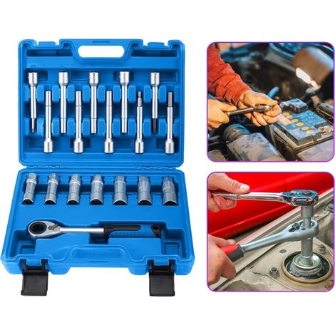 Lenkungsnabenaufhängung Dämpfer Steckschlüssel Set, Chrom-Vanadium-Stahl, Steckdosen Größen 16mm bis 24mm, Ratschenlänge 210mm, Vielseitige (1/5)