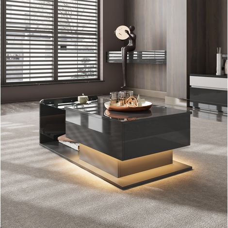 Tavolino da caffè 100x50x33/47.5 cm nero in truciolare con vetro temperato, altezza regolabile e LED (1/5)