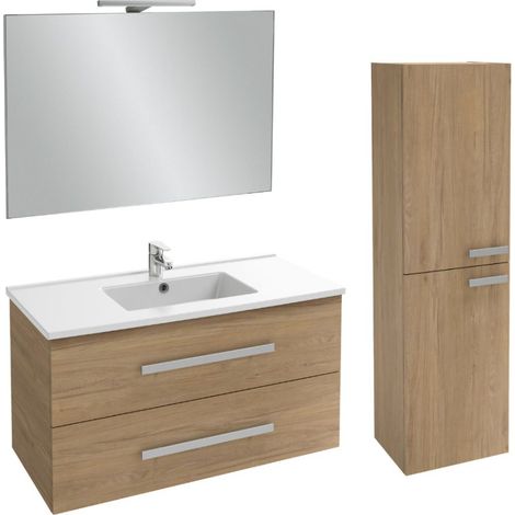 Mueble bajo lavabo Ola Up roble 100 cm JACOB DELAFON + columna + espejo y focos (1/3)