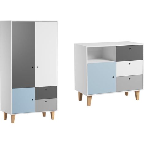Kommode mit 3 Schubladen und 2-türiger Kleiderschrank Vox Concept Blau (1/3)