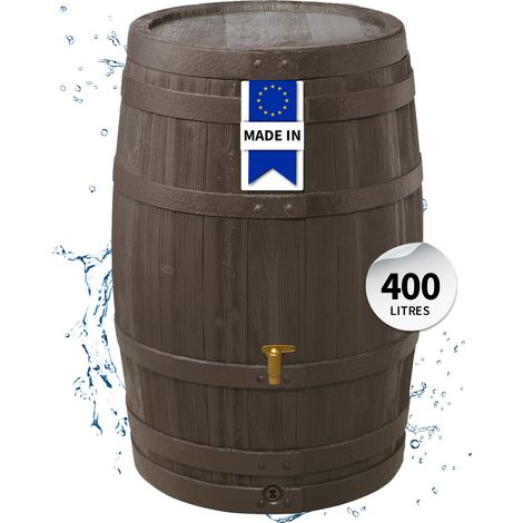 Garantia – Récupérateur d'eau de pluie 400 L brun foncé – Tonneau imitation bois avec robinet PE – Couvercle amovible et sécurité enfant (1/5)