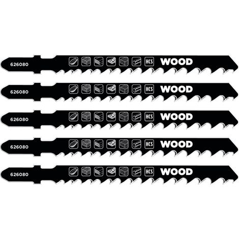 5x Lames de scie sauteuse pour le bois, medium, 100mm (pour bois dur, bois tendre, plastique, panneaux d'agglomérés) (1/2)