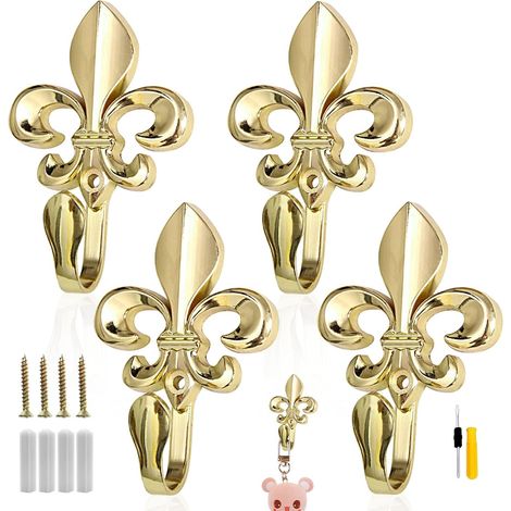 4 pcs crochets muraux, vintage en alliage de zinc crochet doré avec 4 vis 4 tubes d'expansion 1 tournevis pour cuisine,salon,manteau,sac,clé,bonnet (1/5)