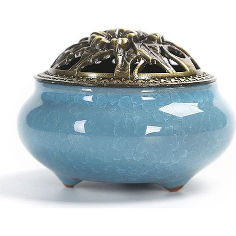Incensario Ceramica - Tapa De Cobre - Figura De Buda - Acabado Kiln Ice Crack - Para Incienso En Varilla O Cono (1/5)