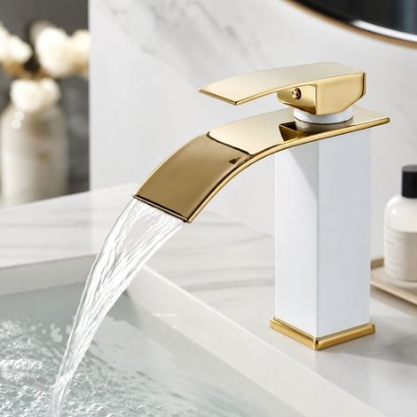 Robinet lavabo cascade mélangeur eau froide et chaude bec plat bas couleur blanc or avec flexible d'arrivée d'eau (1/5)