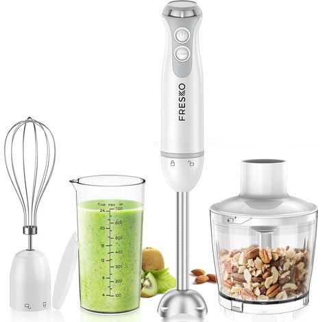 Mixeur Plongeant 4 en 1, 1000 W, Acier Inoxydable, Vitesse Variable + Turbo avec Hachoir de 500 ml et Verre Doseur de 700 ml, pour Aliments pour Bébés, Soupes et Smoothies, Blanc (HB3303) (1/5)