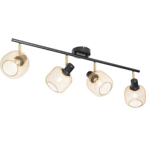 QAZQA blissmesh - Spot plafond, plafonnier - 4 lumière - L 900 mm - Noir et Or - Rustique - éclairage intérieur - Salon I Chambre I Cuisine I Salle à manger