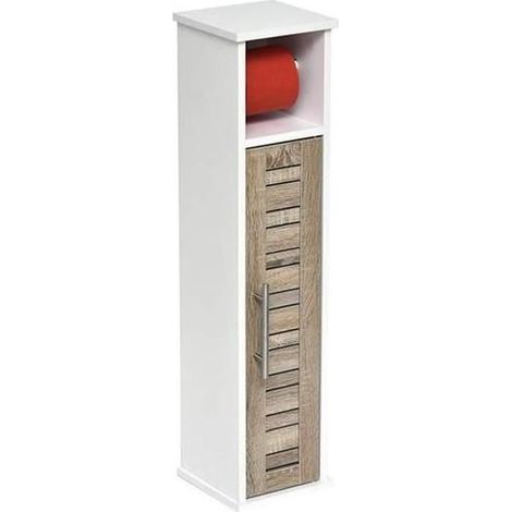 Madeinnature – Meuble bas de salle de bain Stockholm – 1 porte + 1 étagère + 2 niches – Dimensions : 70cm x 60cm x 30cm – MDF blanc et chêne vieilli (1/2)