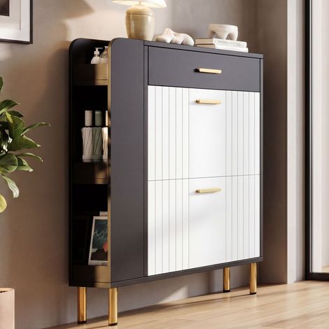 Scarpiera stretta con 2 ante, 1 cassetto, 3 vani a giorno – autoportante, ideale per corridoio e ingresso, bianco e nero, L80 x P24 x H105 cm