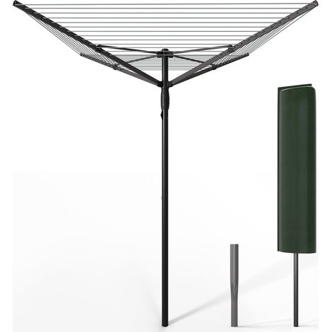 VOUNOT 50m Rotary Washing Line 4 Arm Clothes Airer with Cover and Spike, Black