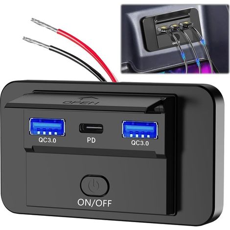 Toma USB de 12 V, doble QC3.0 USB y PD3.0 tipo C para coche con interruptor impermeable, cargador USB para coche de 12 V/24 V, para coches, barcos, autocaravanas, autobuses y motocicletas. (1/5)