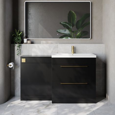 Napoli 390 Cento Matt Black 1400mm 2 Drawer Vanity Unit Toilet Suite with Glide Basin - 1400mm - Brushed Brass 480mm HandleWithout Kingston Toilet Pan