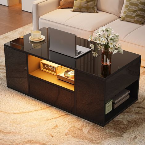 Mesa de centro 100x50x40 cm con tira de luz LED un cajón 6 compartimentos de almacenaje color negro (1/5)