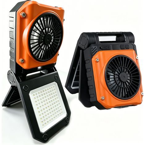 The X98 orange solar camping fan features an 8000mAh USB rechargeable battery, an LED light panel, a timer, and four fan speeds. (1/5)