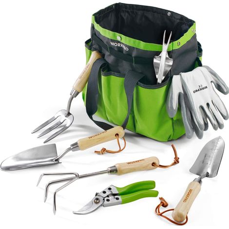 Workpro – Kit outils de jardinier 8 pièces – Acier inoxydable durable – Poignée en bois ergonomique – Sécateur, gants, sarcloir, griffe, fourche, pelle à terreau, transplantoire (1/5)