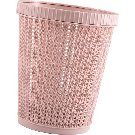 Poubelle à sac coulissant, imitation rotin, ronde, en plastique, sans couvercle, rose, taille S (1/5)