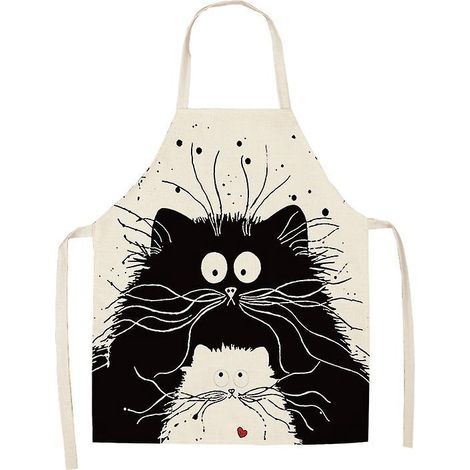 Delantal de cocina divertido con estampado de gato (gato negro, 68x55cm). Delantal de cocina de algodón y lino para adultos. Lindo diseño de gato. (1/5)