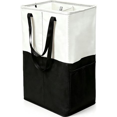 Bac à Linge Panier à Linge Pliable 88L à 2 Compartiments, Tissu Oxford 600D avec Poche Latérale en Filet et Poignées, pour Chambre Salle de Bain Buanderie (Beige et Noir) (1/5)