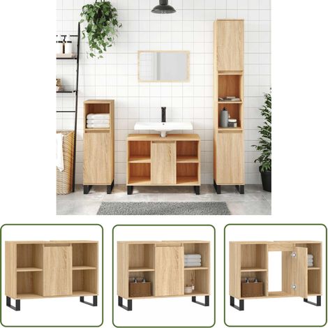 The Living Store Armoire salle de bain chêne sonoma 80x33x60cm bois d'ingénierie - Meuble De Salle De Bain - Armoire Salle De Bain - Rangement Salle De Bain - Commode Salle De Bain - Design Industriel (1/5)