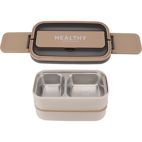 Boîte à bento double compartiment en acier inoxydable 316, boîte à lunch portable avec couverts, idéale pour le travail, l'école ou le bureau, 1400 ml, couleur crème abricot (1/5)