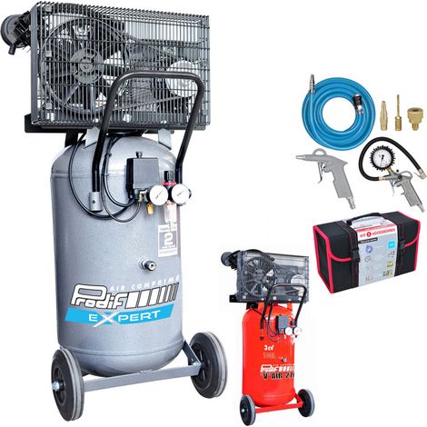 Prodif – Compresseur vertical à courroie 100L 3CV – Bi-cylindres sur roues – Filtre haute performance – Sortie directe en façade