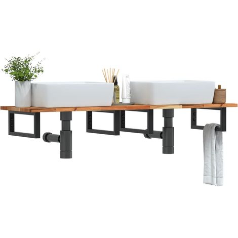 Étagère de vasque murale-Étagère murale-Étagère Suspendue acier et bois massif d'acacia 928865 (1/5)