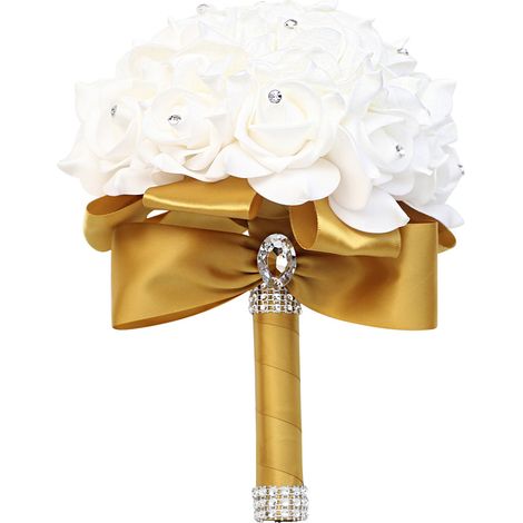 Tenant des fleurs artificielles Rose Bouquet de mariage avec ruban de Satin de soie Champagne demoiselle d'honneur fête nuptiale-doré (1/4)